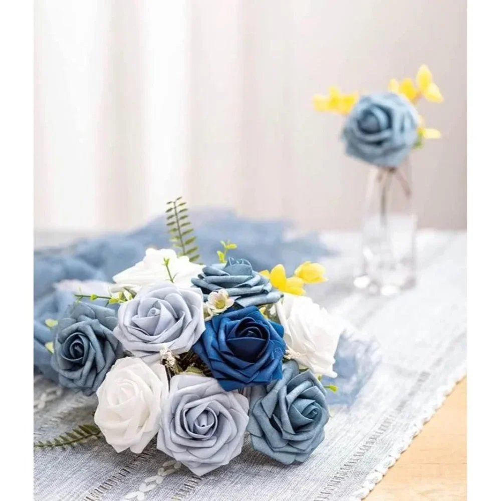 25 Count | Navy Blue Shades Roses Wedding Bouquet Flowers Centerpiece Dusty Whit